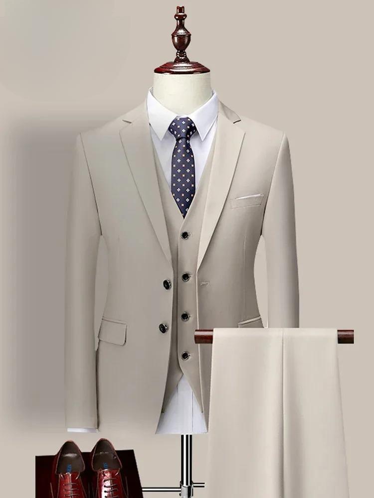14 Color M-6XL ( Jacket + Vest+Pants ) High-end Brand Formal Business Mens Suit Three-piece Groom Wedding Dress Solid Color Suit