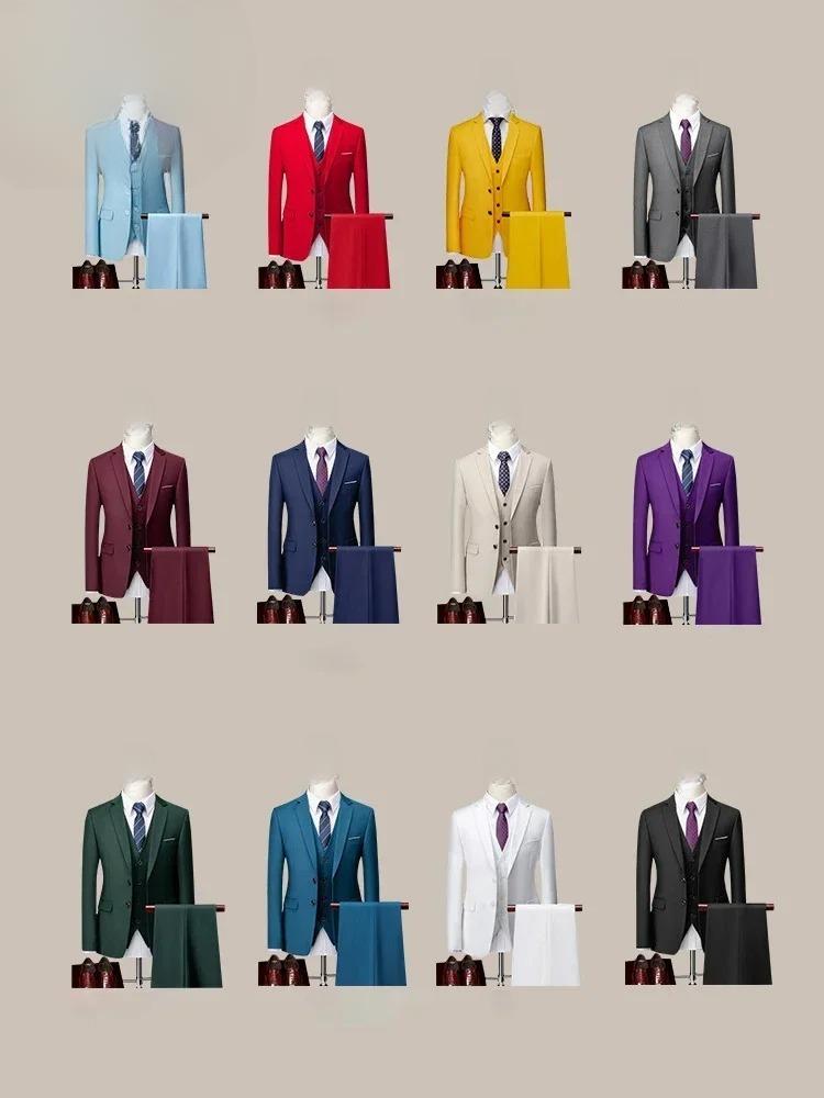 14 Color M-6XL ( Jacket + Vest+Pants ) High-end Brand Formal Business Mens Suit Three-piece Groom Wedding Dress Solid Color Suit