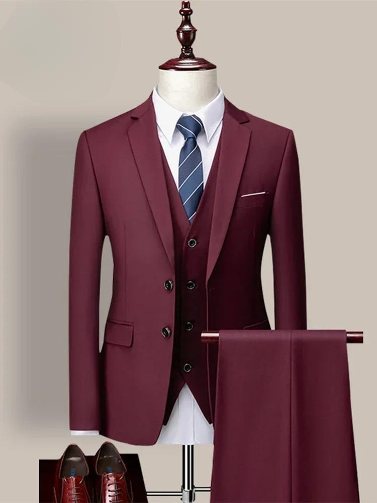 14 Color M-6XL ( Jacket + Vest+Pants ) High-end Brand Formal Business Mens Suit Three-piece Groom Wedding Dress Solid Color Suit