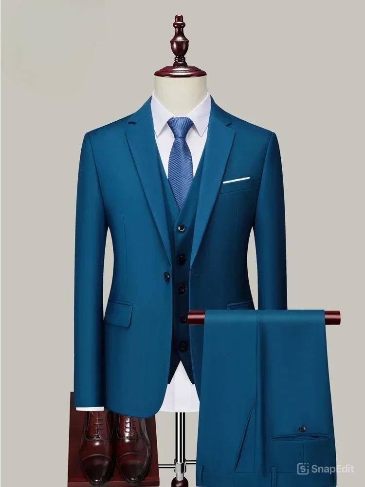 M-6XL ( Jacket+Vest+Pants ) Brand Solid Color Formal Office Business Men's Suit Groom Wedding Dress Party Male Casual Suits